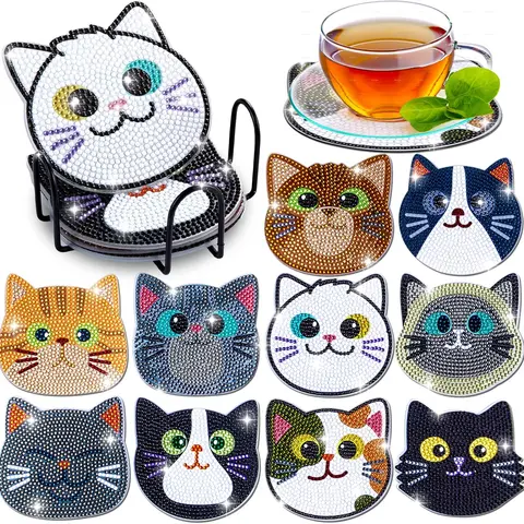 10PCS DIY Diamond Painting Coasters with bracket, Cat Theme Diamond Art Coasters Set, DIY Diamond Painting Coasters, Suitable for Beginners in Art and Craft Supplies, Gift for Valentine's Day