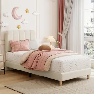 Garvee Upholstered Twin Bed Frame – Cute Boucle Platform Bed with Wave Headboard for Kids, Girls, and Boys – No Box Spring Needed – Wooden Slats Support – Noise-Free Design – Beige