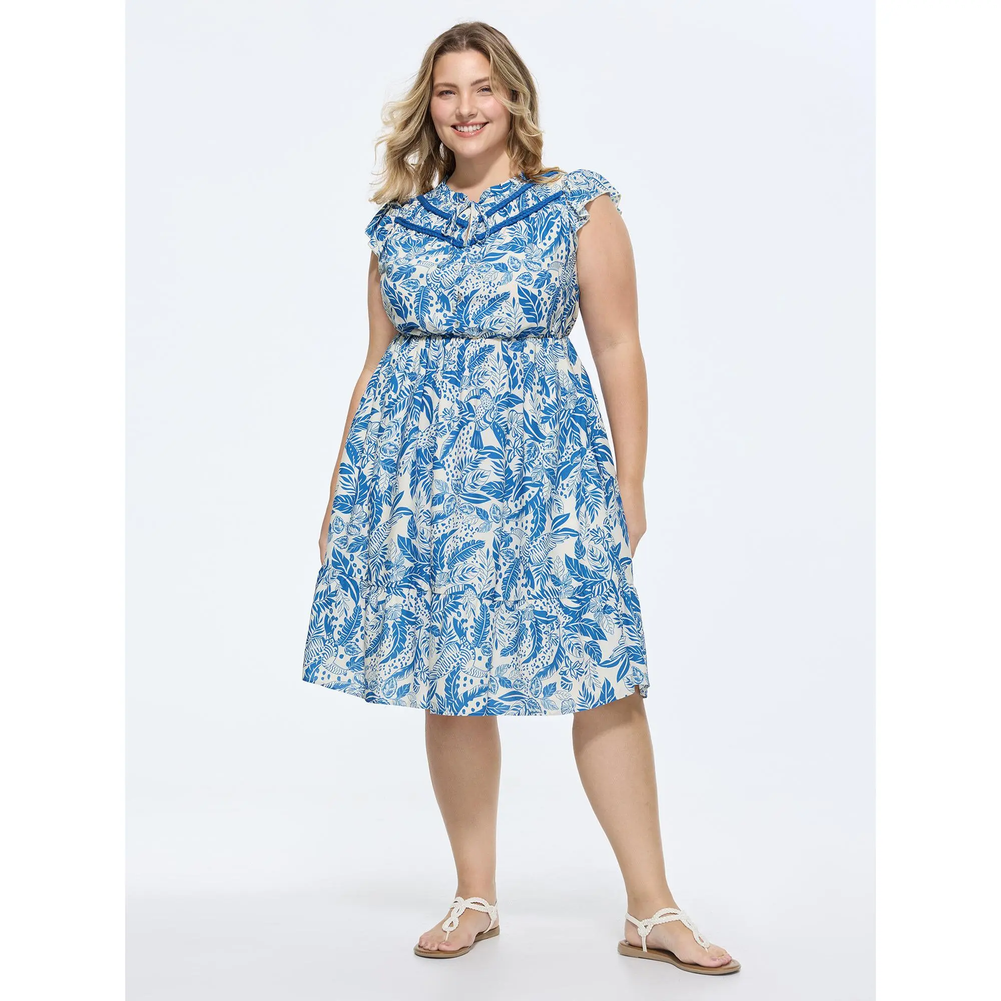 BloomChic Women's Plus Size Tropical Rayon Midi Dress, Casual Summer Swing Fit with Cap Sleeves, Lace-Up Trim and Pocket, Short Sleeve, 14–16 / 1X, Rayon Shell, Pull-On