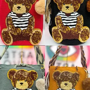 Handmade Teddy Bear Wayuu Crochet Bag | Boho Crossbody Purse | Colombian Artisan Bucket Bag | Cute Bear Handbag