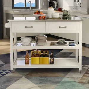 Stainless Steel Kitchen Cart with Two Drawers, White Top Utility Cart on Wheels, Mobile Storage Cart for Kitchen Living Room Dining Room, Heavy Duty Rolling Cart with Drawers, Kitchen Island Cart with Storage, Living Room Table for Sofa Side