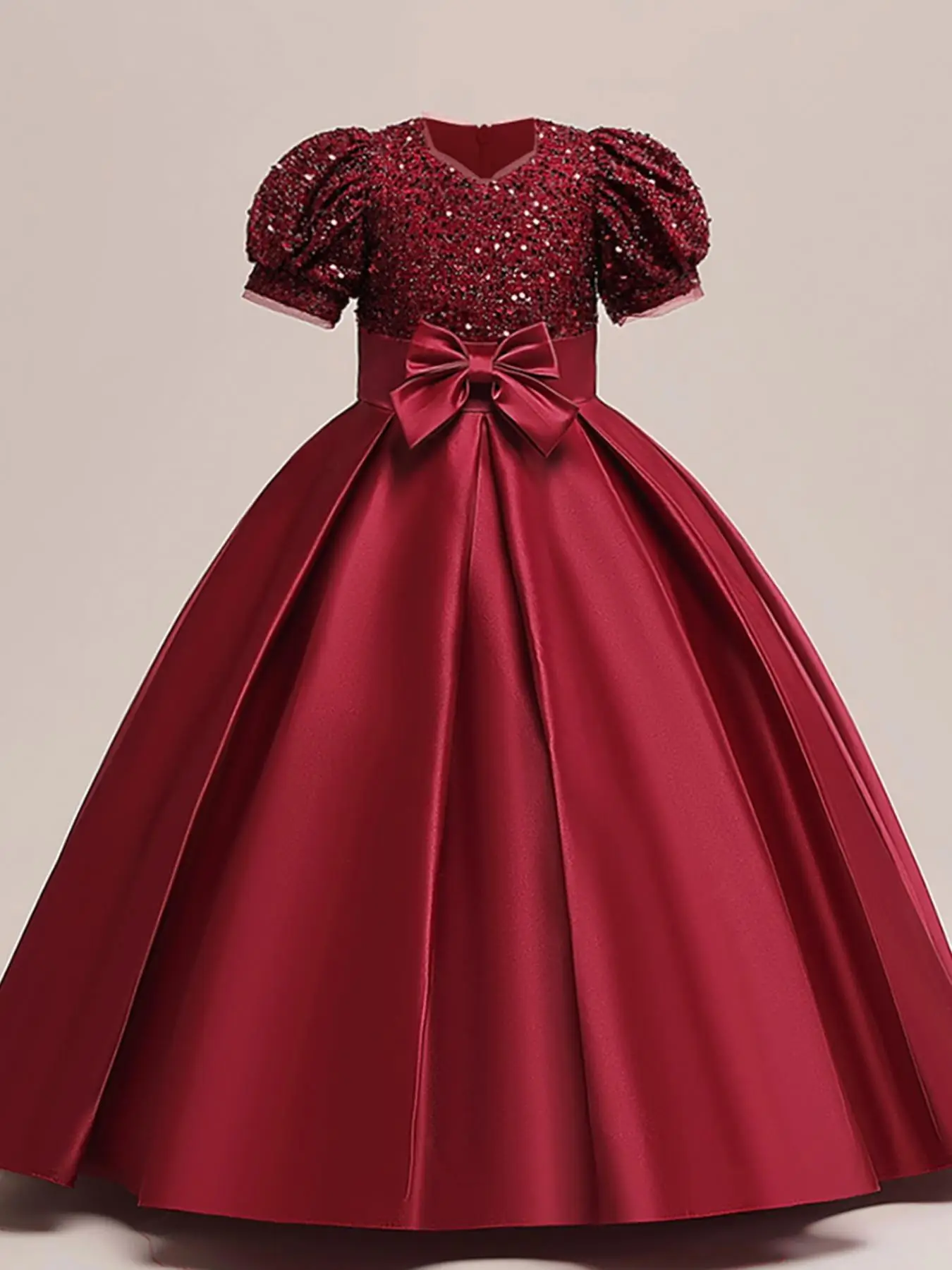 Girl's Big Bow Decor Contrast Sequin Party Dress, Elegant Sweetheart Neck Long Dress for Photo Shoot Wedding Guest, Kids Clothing for All Seasons Vale