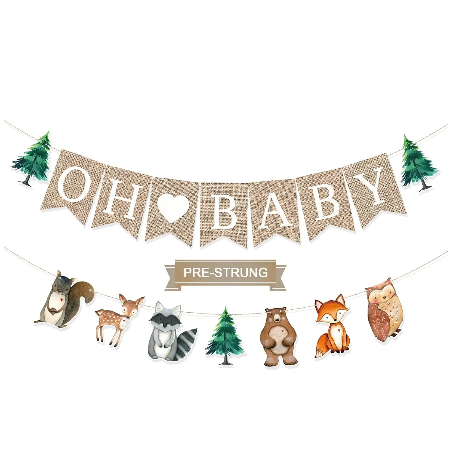 Pre-Strung 6ft Lightweight Burlap Oh Baby Banner - Woodlands Baby Shower Backdrop, Neutral Forest Animals Gender Reveal Photo Decor, Multicolor, Newborn