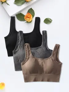 Sporty Women's Solid Color Ribbed Stretch Yoga Sports Bra, Breathable Comfortable Sports Lingerie Top, Ladies Sportswear for Indoor Outdoor Wear, Gymclothes, Fitness Clothes, Workout Bras, Yoga Activewear, Sports Bra Set