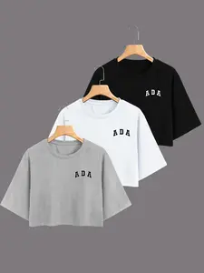 Women's Fashion Letter Ada Print T-Shirt Set, Perfect Summer Casual Wear, Short Belly-Baring Design, Loose-Fitting Style, Tops