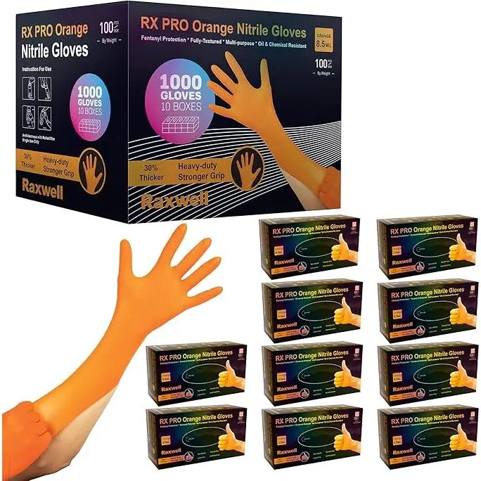 Raxwell Heavy Duty Orange Latex & Powder Free 8.5 Mil Nitrile Disposable Gloves | Diamond Texture, Puncture Resistant, Mechanics Cleaning Glove | Case