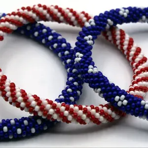 USA Flag Pattern Handmade Seed Beads Bracelets in Red, White, Blue, Patriotic Colors Pattern Crochet Glass Seed Beads Bracelet/Bangles 4th of July