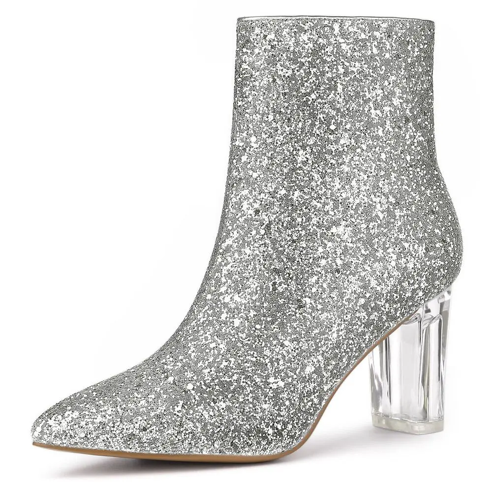 Allegra K Women's Zip Closure Pointed Toe Clear Block Heel Glitter Ankle Booties 8 Silver