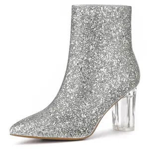 Allegra K Women's Zip Closure Pointed Toe Clear Block Heel Glitter Ankle Booties 8 Silver