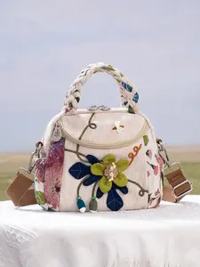 Women's Ethnic Floral Embroidered Crossbody Shoulder Bag, Boho Style Handmade Flower Woven Commuter Bag, Vintage Eco-Friendly Design