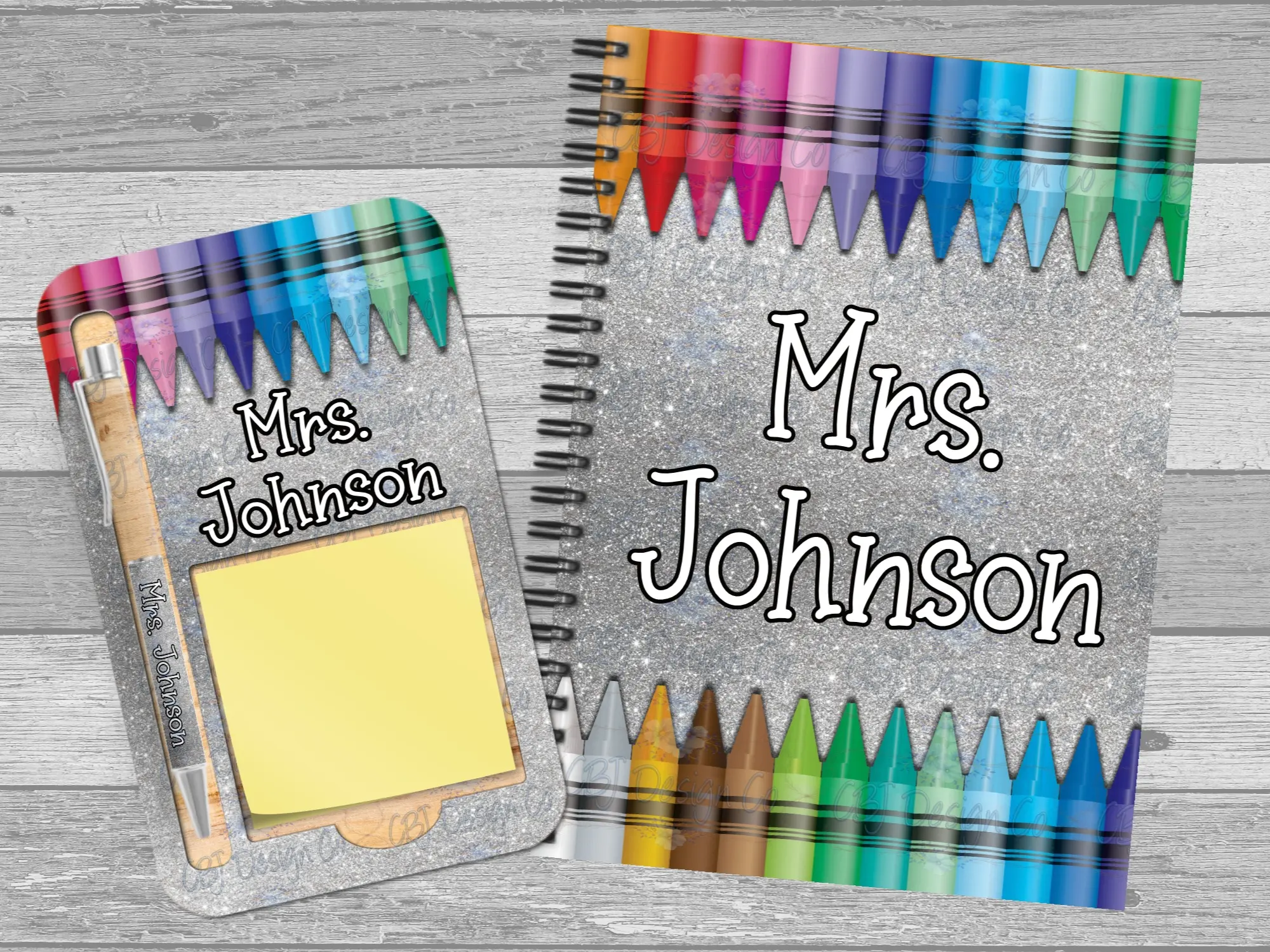Custom Desk Set, Personalized Notebook, Post-It Holder, and Pen Set. Crayon Themed Desk Set for Teachers