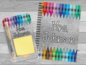 Custom Desk Set, Personalized Notebook, Post-It Holder, and Pen Set. Crayon Themed Desk Set for Teachers