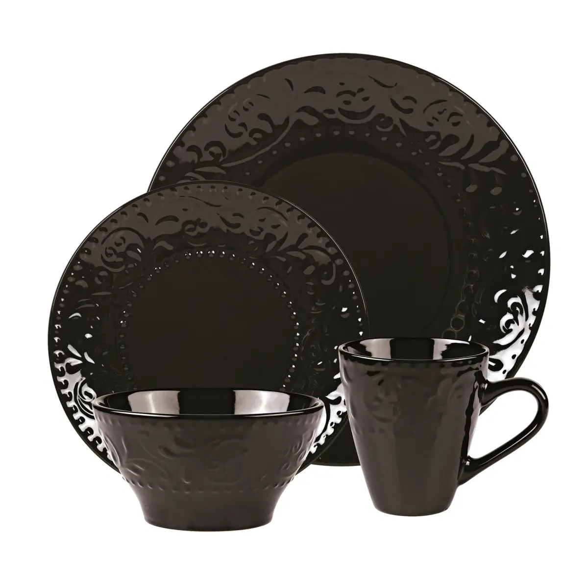 212 MAIN 16-Piece Stoneware Scroll Motif Dinnerware Set - Black with Brown Trim, Dishwasher-Safe, Service for 4, Includes Bowls & Mugs, Modern Everyday Use Kitchen Tableware