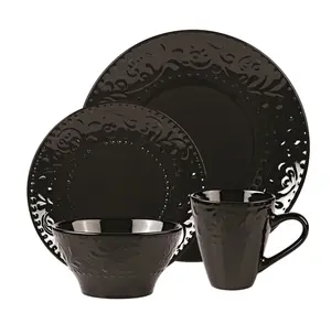 Lorren Home Trends LH528 16 Piece Stoneware Scroll Dinnerware Set, Black