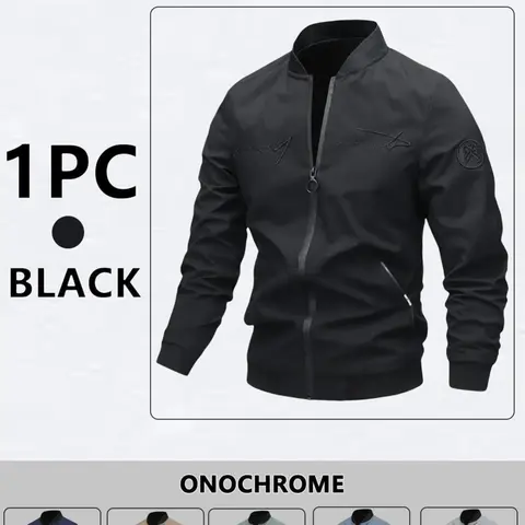 Men's Zippered Casual Pilot Jacket with Letter Embroidery - Long Sleeve, Windproof Polyester Outdoor Outerwear, Lightweight Menswear for Camping, Hiking | Men's Tops, Coats