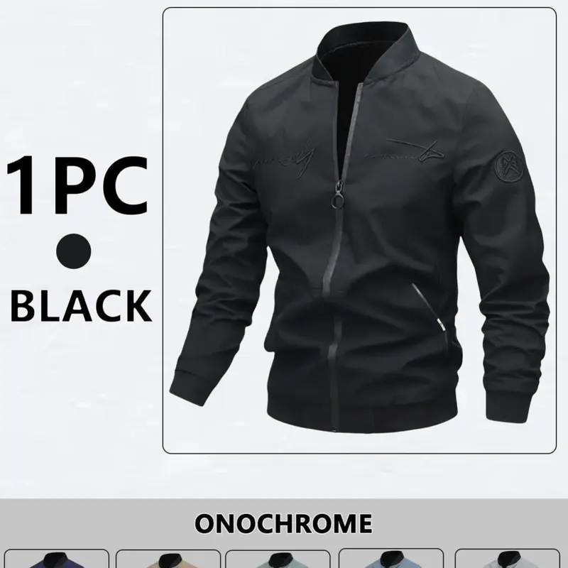 Men's Zippered Casual Pilot Jacket with Letter Embroidery - Long Sleeve, Windproof Polyester Outdoor Outerwear, Lightweight Menswear for Camping, Hiking | Men's Tops, Coats