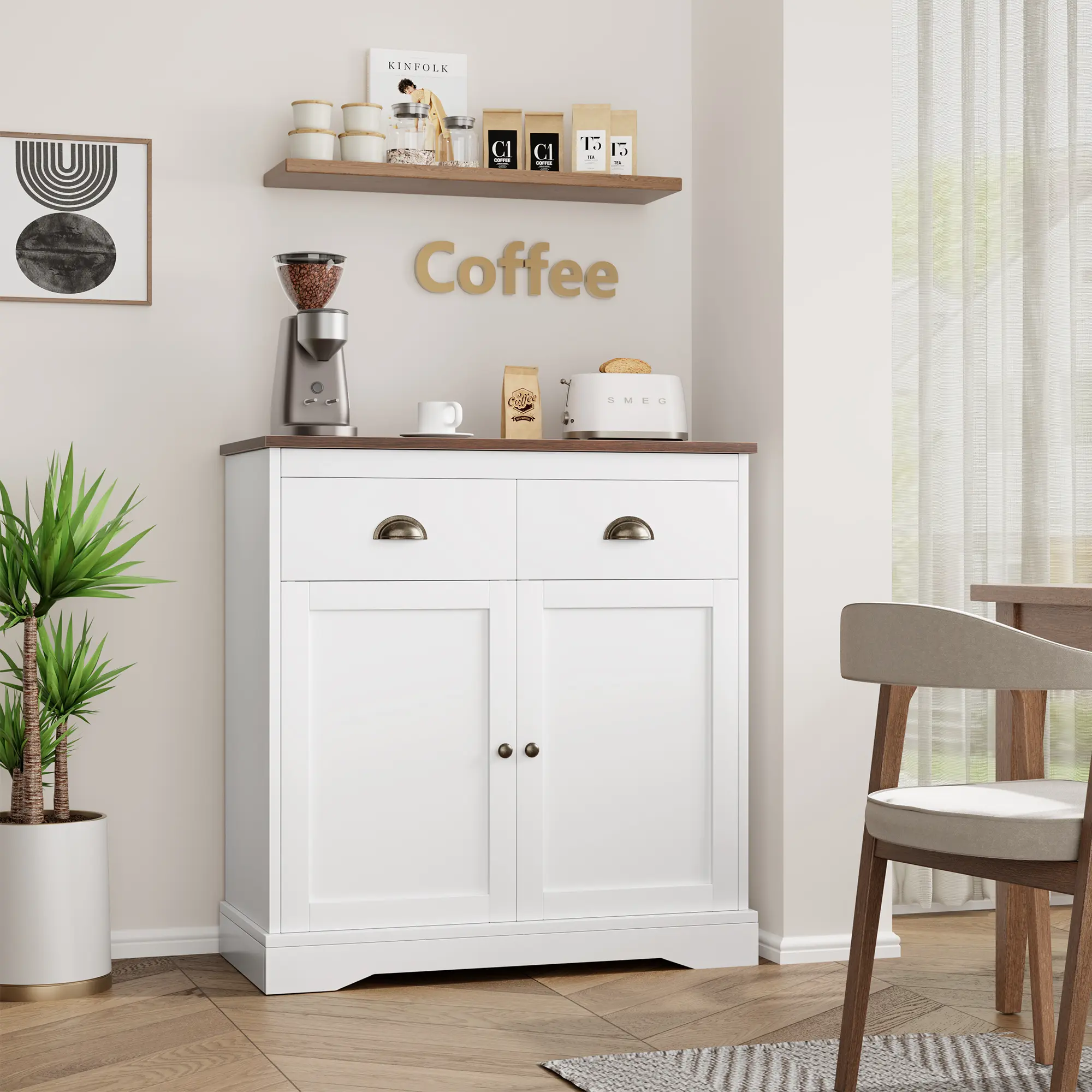 Rustic White Wooden Credenza Buffet - 2 Doors, 2 Drawers, Adjustable Shelves - Storage Cabinet for Kitchen, Living Room