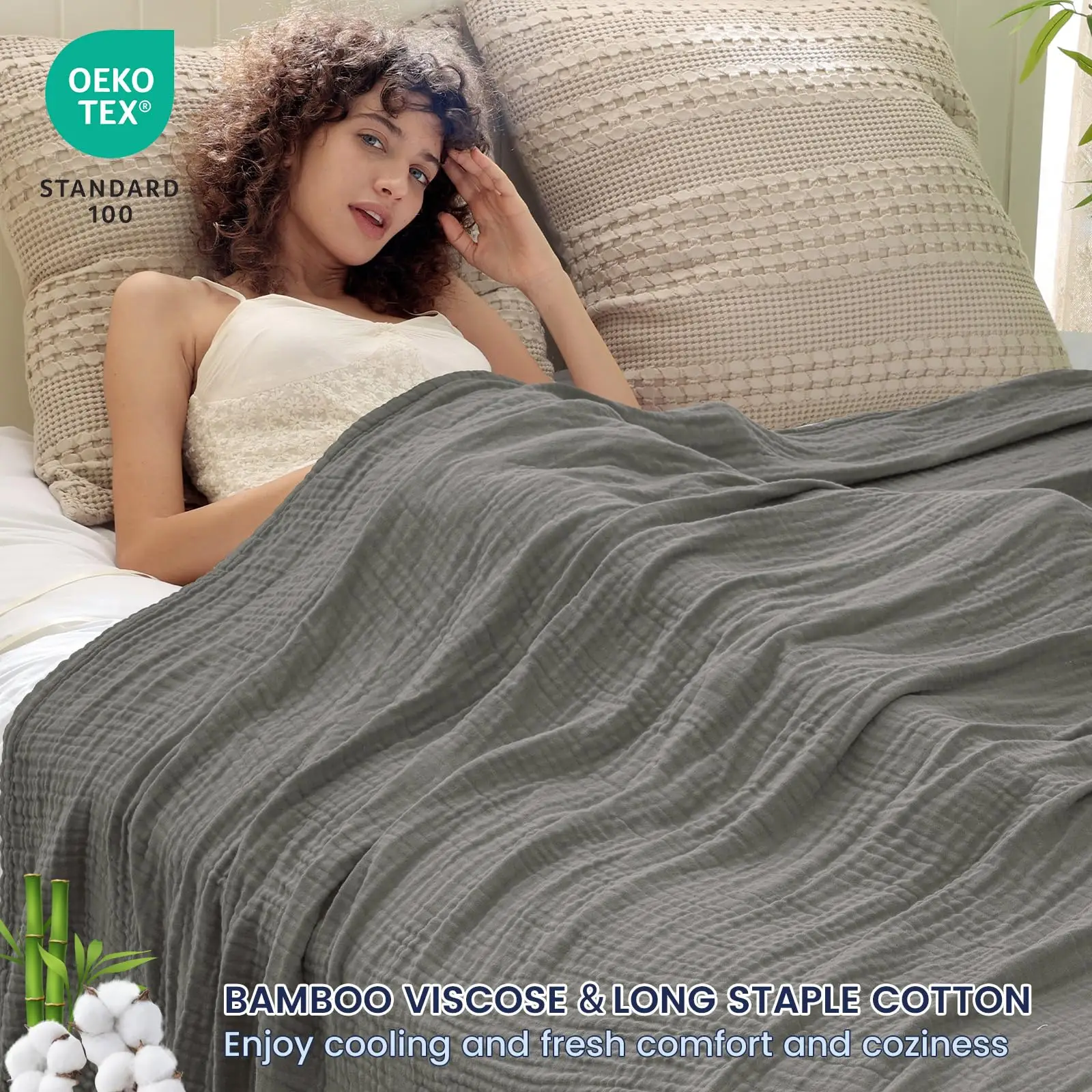 [Summer Gifts] PHF Cooling Muslin King Blanket for Hot Sleepers, 60% Rayon Derived from Bamboo, 40% Cotton for Summer, 4-Layer Breathable Lightweight