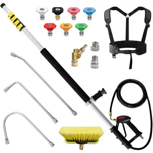 24 FT,  Telescoping  Washer Wand with 2  Washer Extension Wands,Gutter Cleaner Attachment, 7  Nozzle Tips, 2 Hose Inlet Adapters, Pivoting Coupler and Support Harness