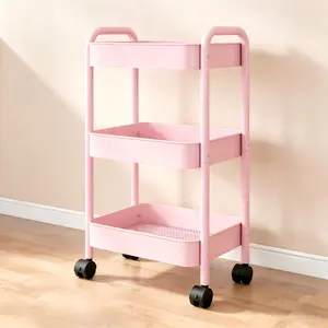 3-Tier Rolling Utility Cart with Wheels Heavy Duty Metal Storage Cart with Handle Lockable Wheels & Mesh Baskets Multi-Functional Mobile Organizer Shelf for Kitchen Bathroom Laundry Office Classroom Bedroom White