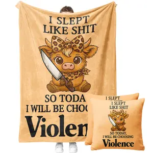 Highland Cow 'I Choose Violence’ Blanket and Throw Pillow Cover without Pillow Core Set – Soft Cozy Cute Angry Cow With Knife Meme Blanket & Pillowcase,Trendy Meme Home Decor Bundle for Bedroom
