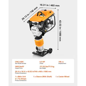 VEVOR Jumping Jack Compactor, 6.5 HP Vibratory Rammer Fuel-Powered 196 cc Engine Tamper, 3600 lbs Impact Force, 26 Max Compaction Depth, Four-Spring, for Soil, Gravel, Concrete Slabs, Foundations