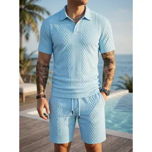 Men's Summer 2-Piece Set: Solid Textured Polo Shirt & Drawstring Shorts - Cozy Breathable Outfit