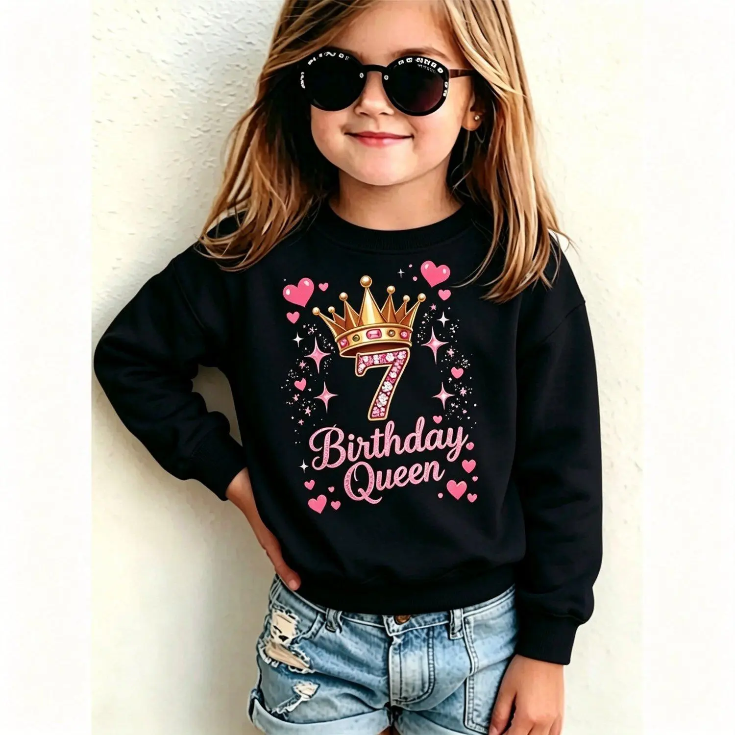 Birthday Queen Diamond Number 7 Golden Crown Hearts Graphic Crew Neck Sweatshirt 7th Birthday Celebration Pullover Vintage Style Casual Men