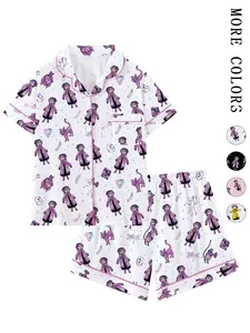 Halloween Coraline Retro Cute Lapel Short Sleeve Pajama Set, Comfortable Sleepwear for Home and Outdoors, Perfect Gift for Sleepwear Lovers