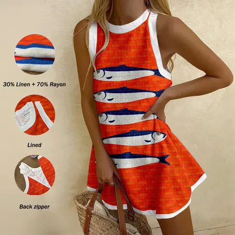 Women's Fitted Casual A-Line Sleeveless Round Neck Mini Dress - White Trim, Retro Graphic Abstract Fish Print, 30% Linen 70% Rayon, Summer Vacation Wear