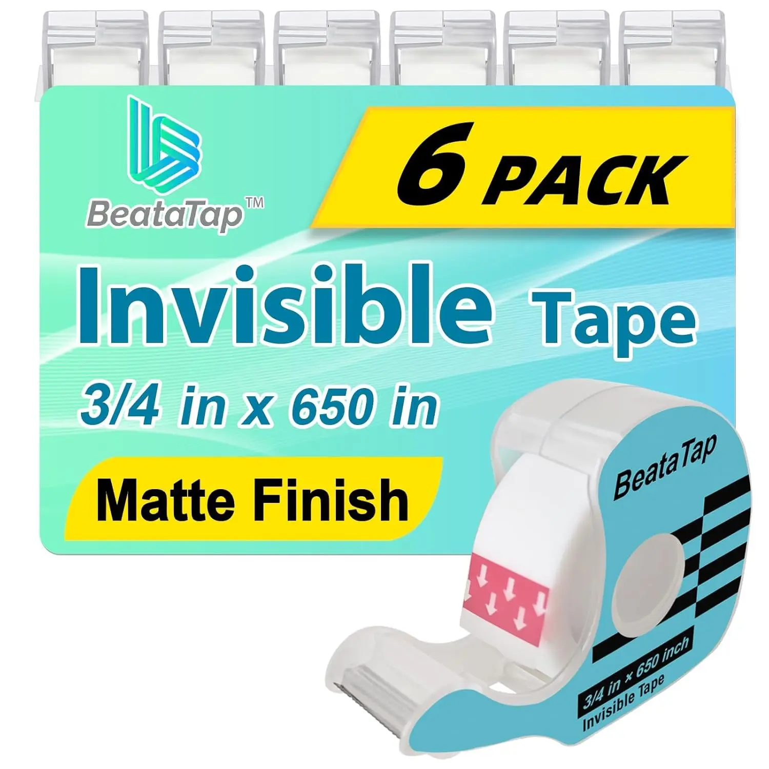BeataTap Tape, Invisible Tape for Gift Wrapping, 6 Rolls+6 Refillable Dispensers, Matte Finish, Writable, 3/4″x 650″, Clear Tapes for  Wrapping Paper, Office&School Supplies