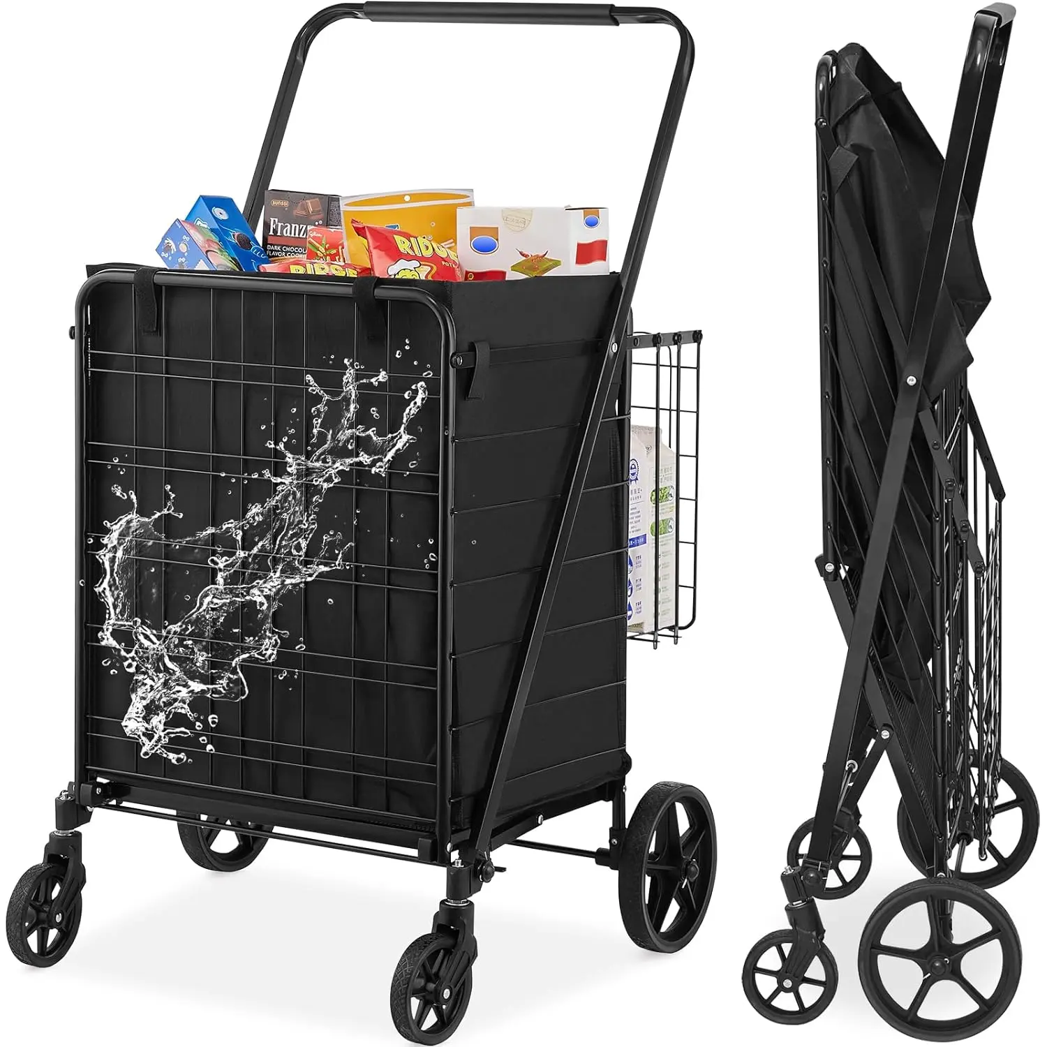 【Summerfinds】VEVOR Folding Shopping Cart with Removable Waterproof Liner, Max 330LBS Large Capacity Jumbo Grocery Cart with Dual Basket, 360° Swivel Wheels, Dense Metal Mesh Base, Heavy Duty Utility Cart