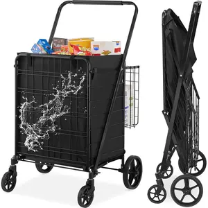 VEVOR Folding Shopping Cart with Removable Waterproof Liner, Max 330LBS Large Capacity Jumbo Grocery Cart with Dual Basket, 360° Swivel Wheels, Dense Metal Mesh Base, Heavy Duty Utility Cart
