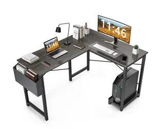 L Shaped Computer Desk with Wooden Desktop CPU Stand Side Bag Reversible, Grey