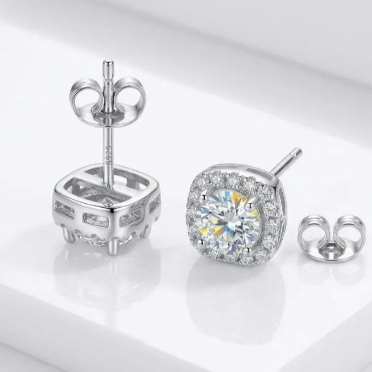4 Sizes Square Halo Stud Earrings | 0.3/0.5/1/2CT Round brilliant cut Earrings, for Daily Wear, Prom, Wedding, Bridal, Anniversary, Valentine's Day, Birthday, Holiday & Formal Occasions