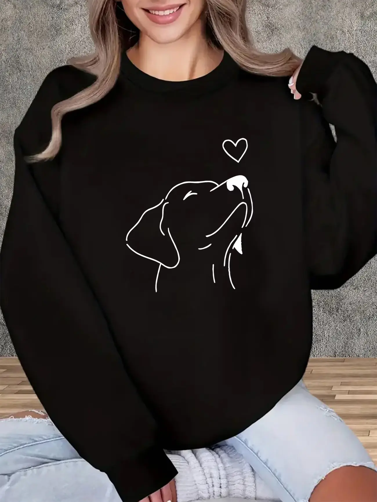 Cute Women'S Fall Winter Fleece Round Neck Sweatshirt, "Cute Cartoon Dog" Pattern Printed Fleece Round Neck Sweatshirt, Women'S Fleece Warm Round Neck Sweatshirt, Casual Athletic Sweatshirt, Comfortable, Fleece Warm, Easy Care