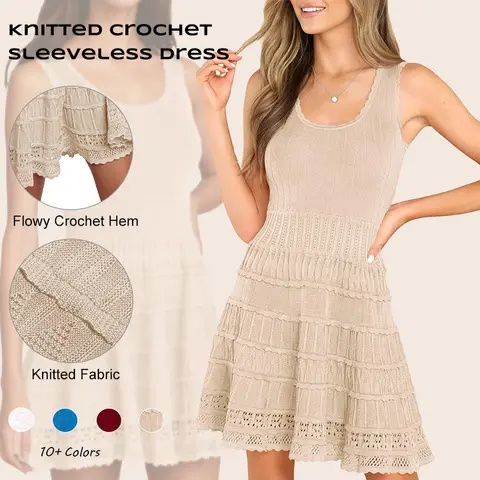 Imily Bela Womens Summer Mini Dresses Casual Crewneck Knitted Crochet Hem Flowy Tank Sundress