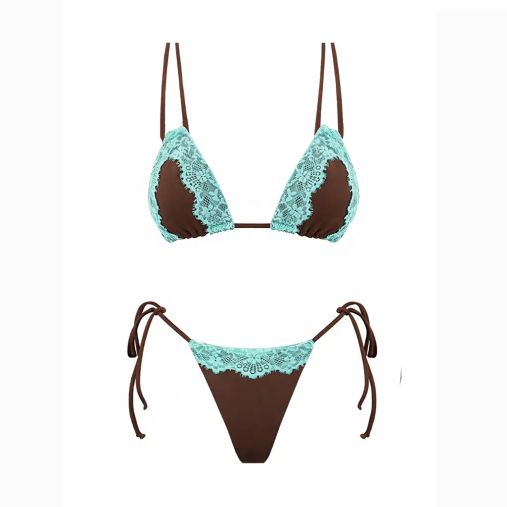 2026 new women’s triangle bikini set featuring lace patchwork and contrasting colors; a mini two-piece swimsuit set with a low-rise tie design and separate pieces. Fashionable and sexy beachwear for holidays, resort wear, swimwear, hot springs outfits, an