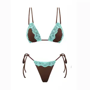 2026 new women’s triangle bikini set featuring lace patchwork and contrasting colors; a mini two-piece swimsuit set with a low-rise tie design and separate pieces. Fashionable and sexy beachwear for holidays, resort wear, swimwear, hot springs outfits, an
