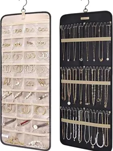 Hanging Jewelry Organizer Storage Roll with Hanger Metal Hooks Double-Sided Jewelry Holder for Earrings, Necklaces, Rings on Closet, Wall, Door, 1 piece, Large, Black