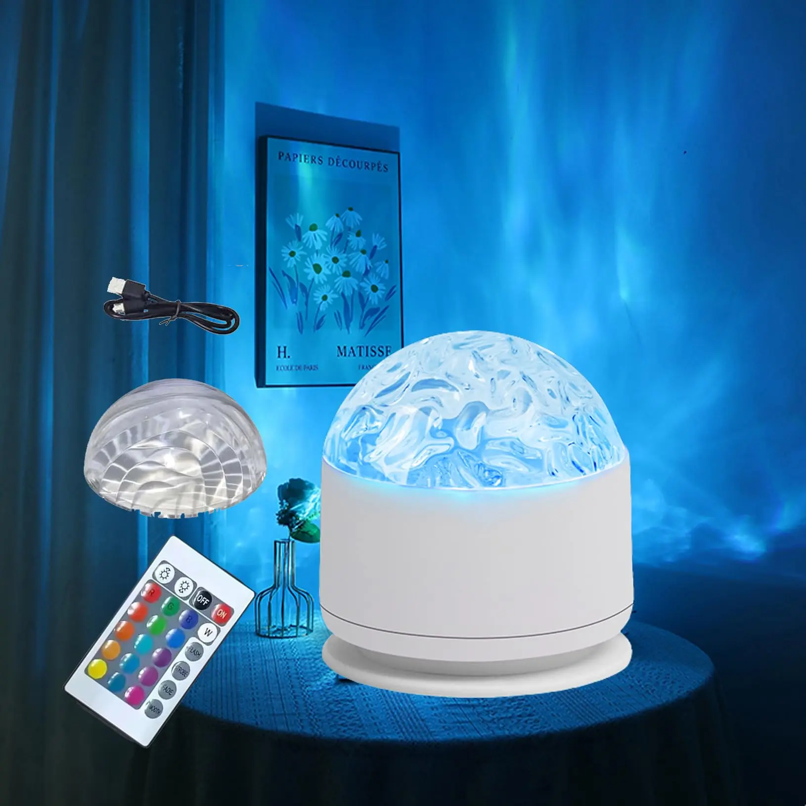 16-Color Round LED Aurora Ocean Wave 3D Water Ripple Projector Lamp, Controlled Ambient Light for Bedroom, Dorm Room Decor