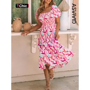 Women's elegant mid length dress with all-over print, smocked bust, ruffled details and tiered layers(Sheet)