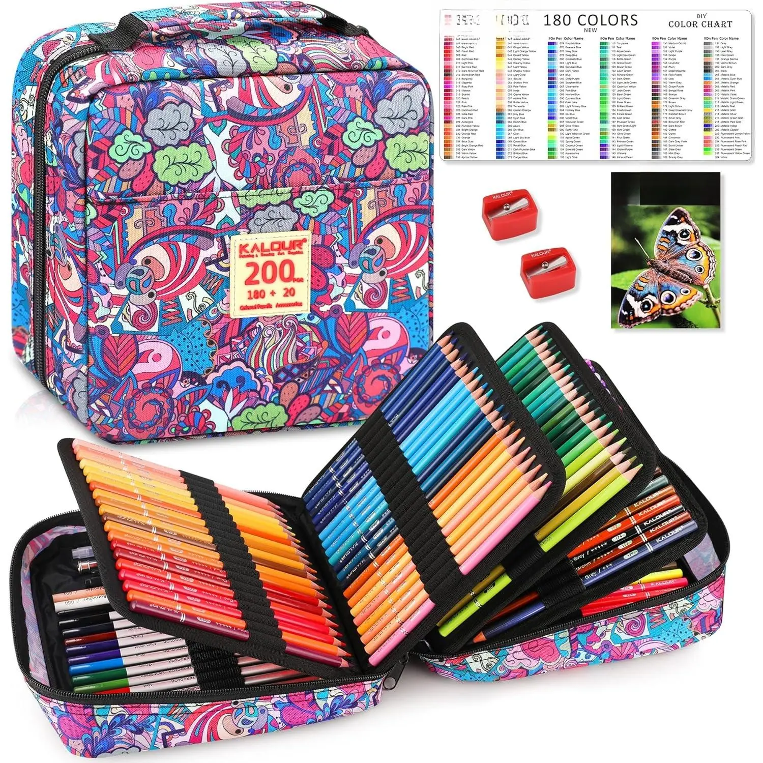 200 count Colored Pencils Set for Adult Coloring Books with Tutorial & Color Chart, 180 Artists Colored Pencils, 12 Watercolor Pencils, Art Supplies Gift, Portable Zipper Case