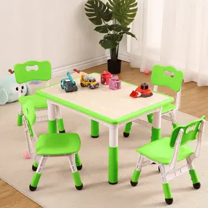 Kids Table and Chairs Set, Toddler Height Adjustable Desk with Graffiti Desktop, Arts & Crafts Table With 4 Seats, Non-Slip Legs, Max 300lbs, Suitable for Kids Table and Chairs Ages 2-10, Green