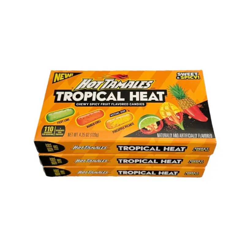 3 Pack Hot Tamales Tropical Heat 4.25oz Sweet & Spicy Chewy Fruit Flavored Candy Snack with Fiery Lime, Mango Chili & Pineapple Picante - Mangga Sour