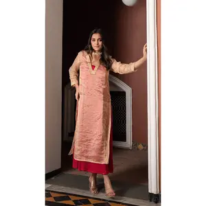 Gulal - Golden/Rani Pink Pure Tissue Layered Dress