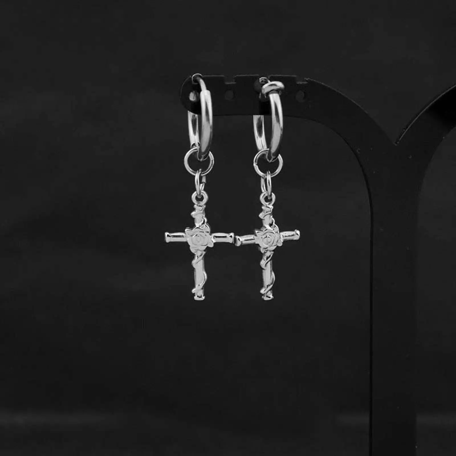 Gothic Cross Rose Drop Earring with Black Artificial Gemstone - Versatile and Artistic Alternative Style Accessory, Edgy Fashion, Single