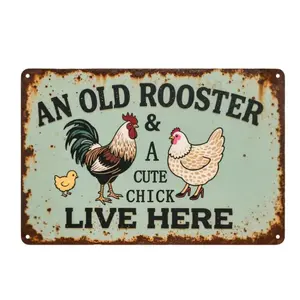 1pc Farmhouse Rooster and Hen Metal Tin Sign Funny Kitchen Garden Chicken Coop Western Decor