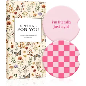 Car Coasters for Women - Checkered Ceramic Car Cupholder Coaster Cool Absorbent Mat Coaster with Cork Base 2 Pack Automotive Cup Holder Accessories New Driver Gifts for Decor