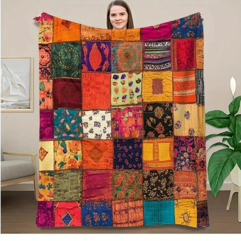 Bohemian Patchwork Print Soft Flannel Throw Blanket, Colorful Geometric Textile Pattern for Boho Bedrooms and Eclectic Lounges, Sofa Accent for Couch Naps & Birthday Christmas Gift for Bohemian Style Lovers and Eclectic Decor Fa, Classic, Flannel Fabric,
